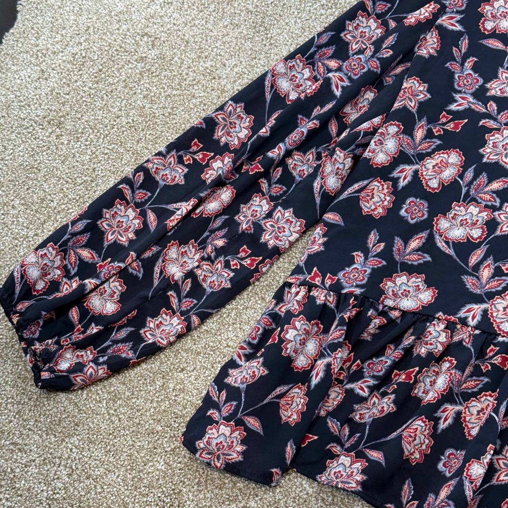 LOFT Womens XL Floral Peplum Blouse Tie Neck Ruffle Hem Long Sleeve Top - Picture 10 of 11